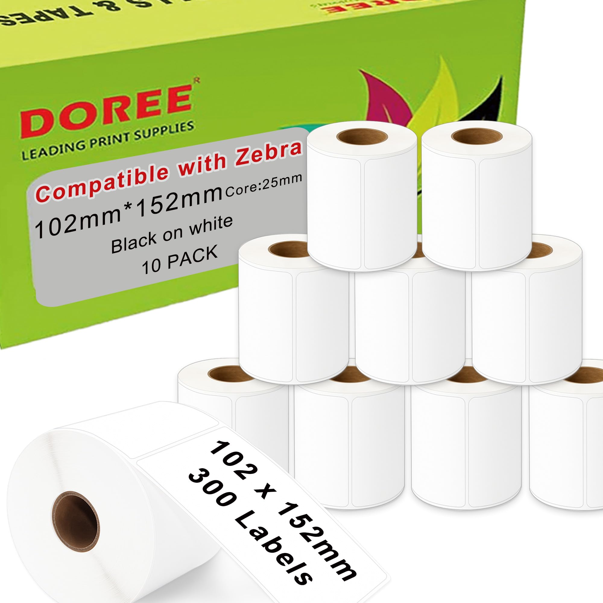 DOREE 10 Rollen Versandetiketten 102x152mm,300 Stück/Rolle,Zebra-kompatibel | Versandetiketten 102mm x 152mm, Druck Schwarz auf Weiß, passend für Zebra GK420D/GX420D/GK420T/GX420T, Kerndurchmesser 25 mm