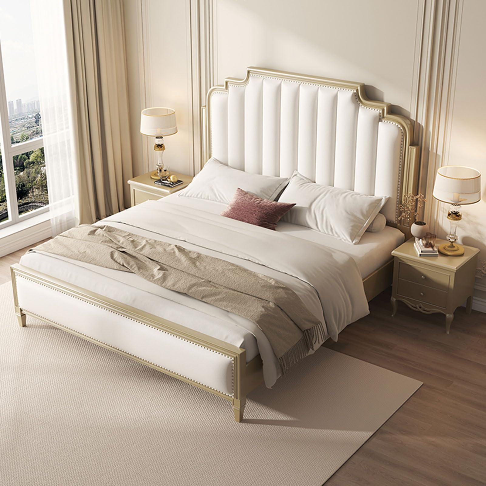 Modern King Size Genuine Leather Bed Upholstered Platform Bed Frame with Headboard and Storage Drawers No Box Spring