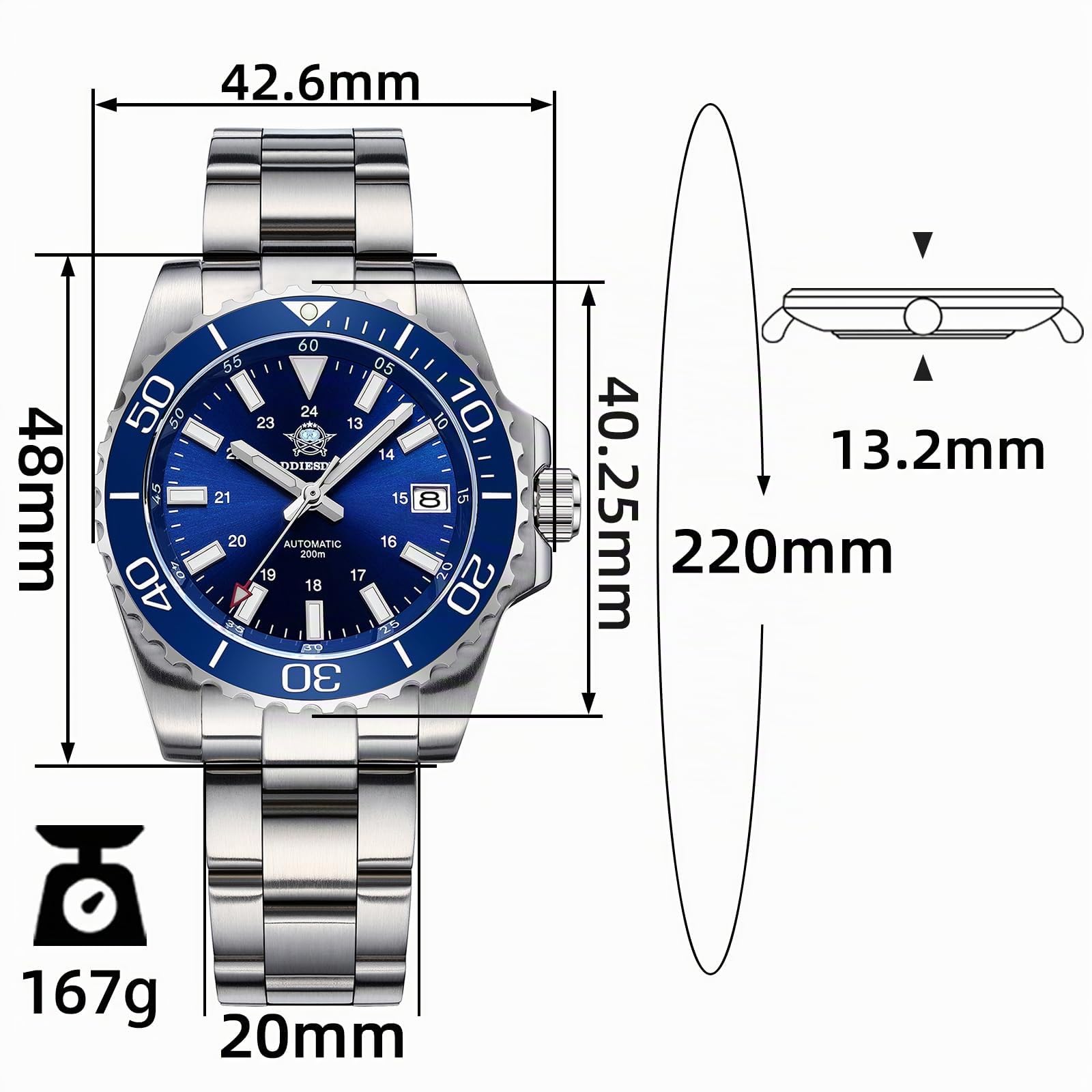 ADDIESDIVE Reloj automático Hombre 8215 Relojes mecanico Bisel cerámico Luminoso BGW9 Reloj analógico Hombre Buceo 200m AD2504