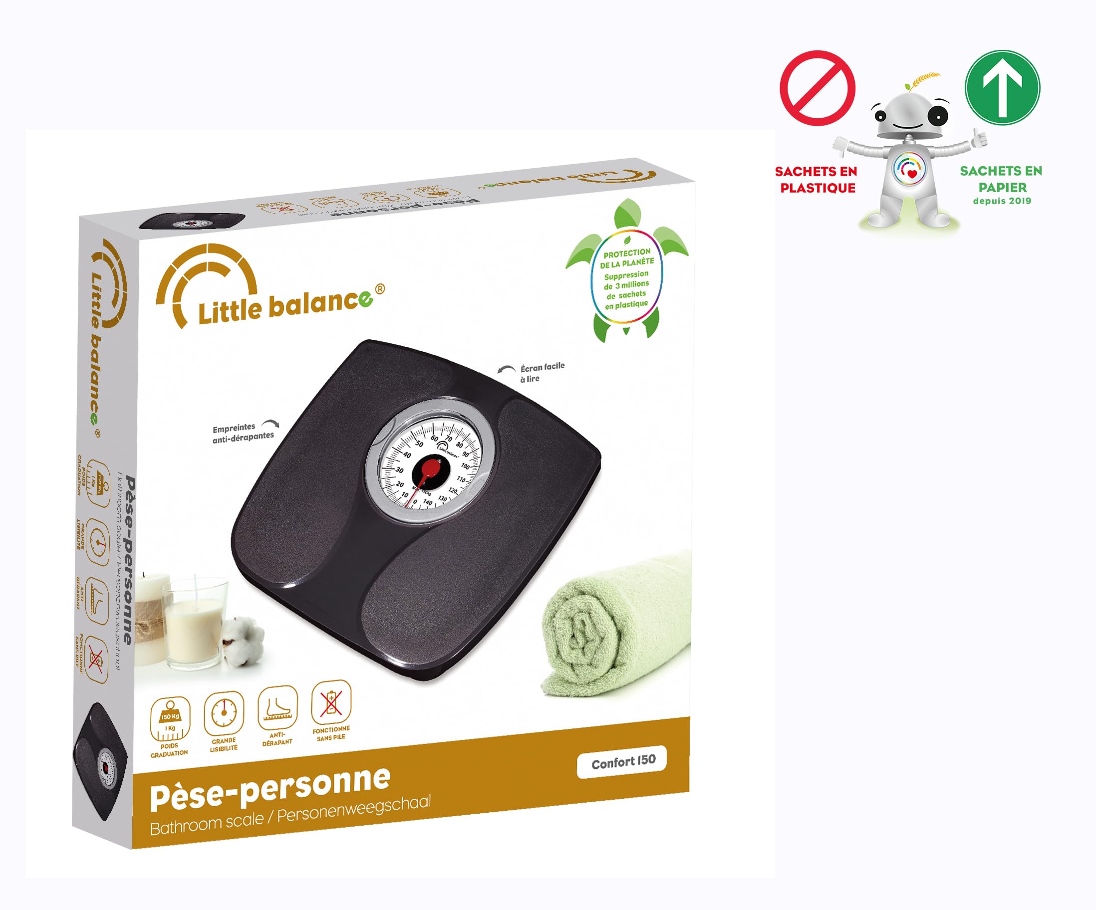 LITTLE BALANCE 8727 Confort 150, Bilancia pesapersone meccanica, Bilancia con schermo XL, Forma compatta, 150 kg, Nero