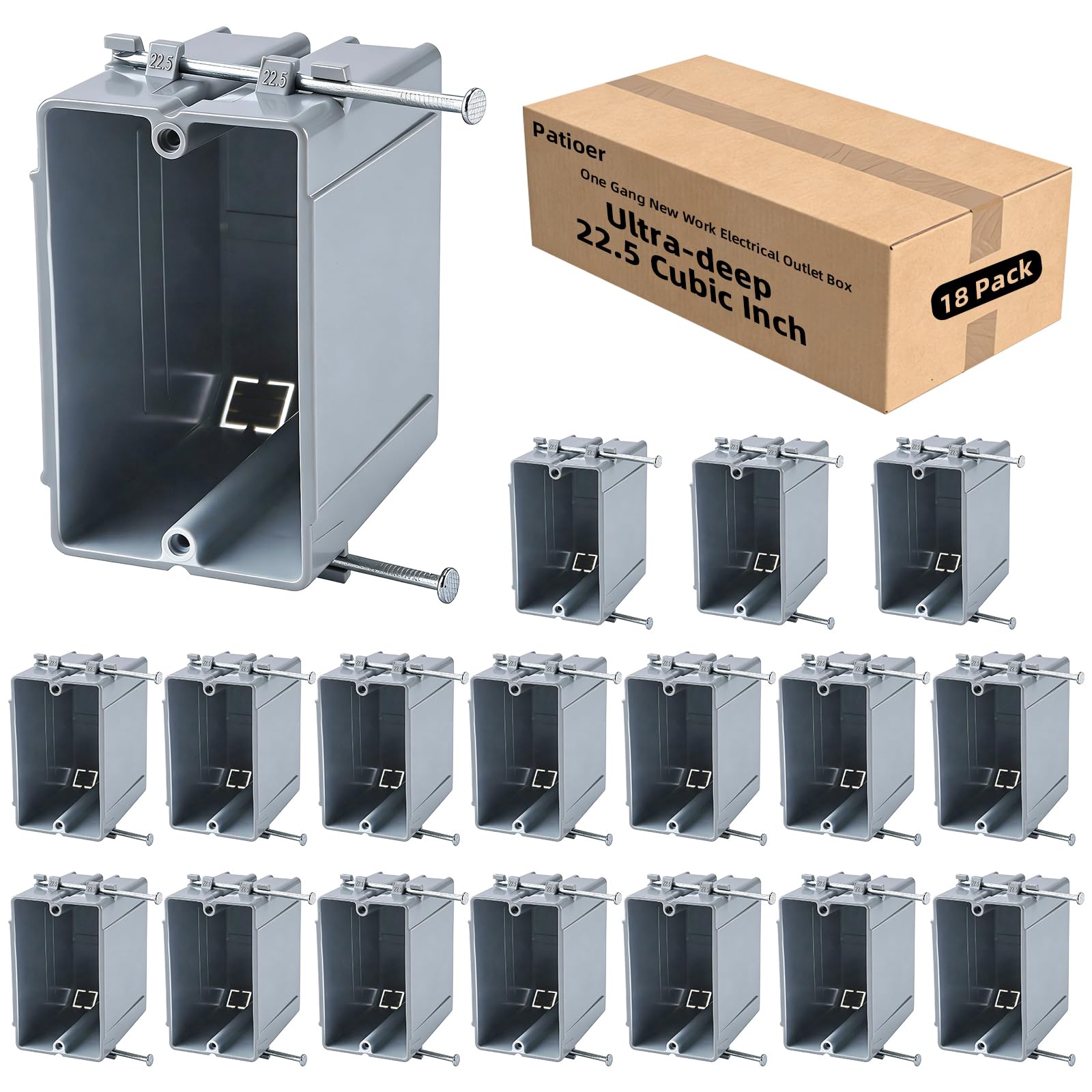 One Gang New Work - Caja de salida eléctrica de PVC de 22.5 pulgadas cúbicas ultra profunda para interruptor GFCI atenuador de luz de paso, certificación ETL, gris (paquete de 18)