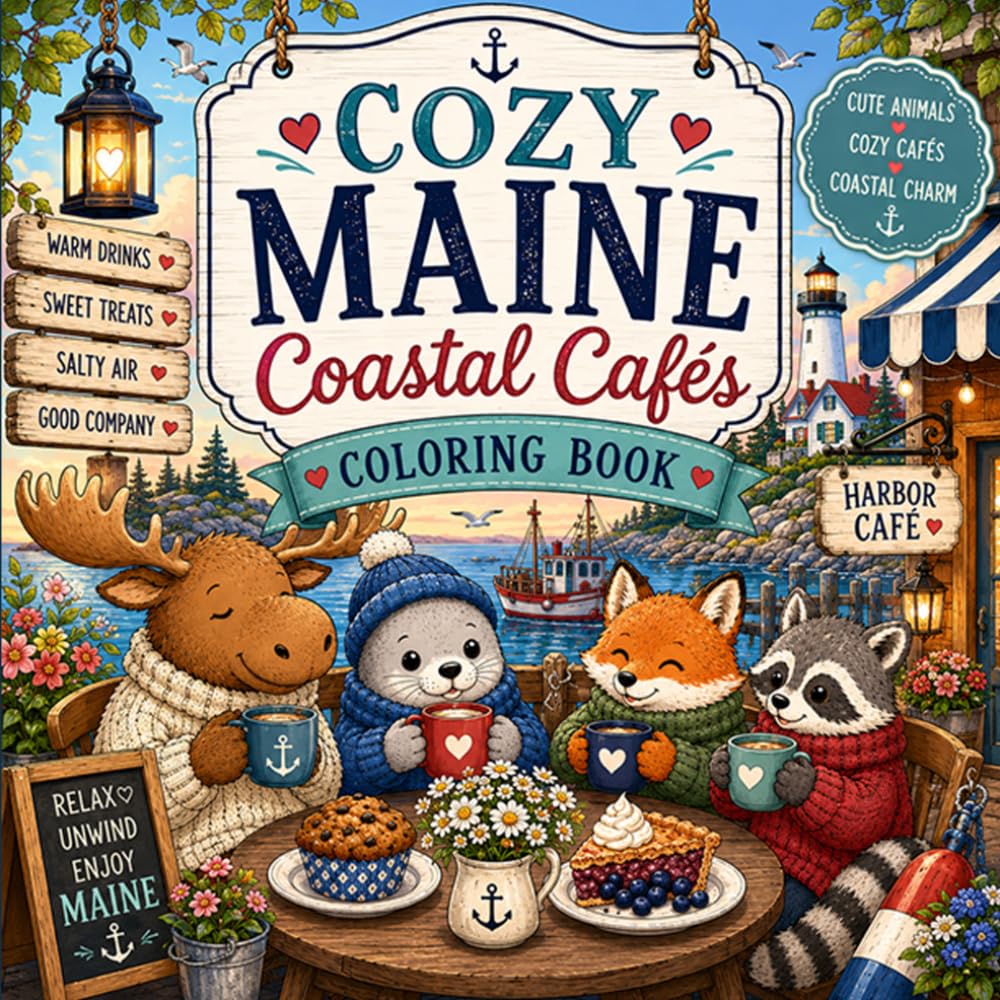 Cozy Maine Coastal Cafes: 30 Relaxing Maine Coastal Café Scenes Featuring Cute Animals and Cozy Harbor Life