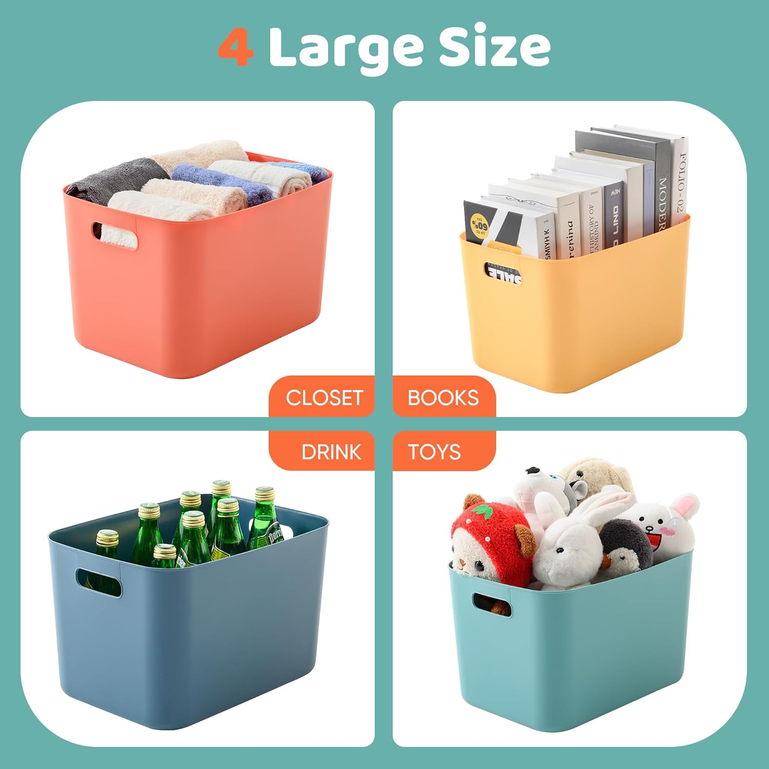 Plastic Storage Bins with Lid, Stackable Storage Containers for Organizing, Decorative Storage Baskets for Shelves Living Room Playroom Classroom Office (4 Large + 4 Small)