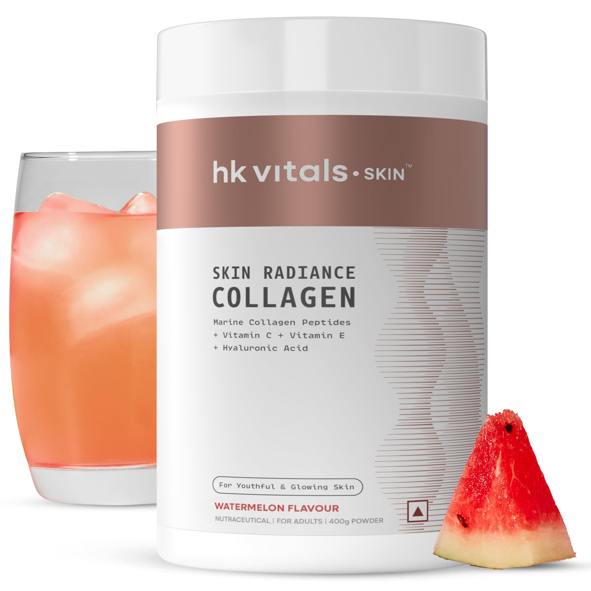 hk vitals Skin Radiance Marine Collagen Supplement (Watermelon, 400g) |Vitamin C, E, Sodium Hyaluronate | For Healthy Skin, Hair & Nails
