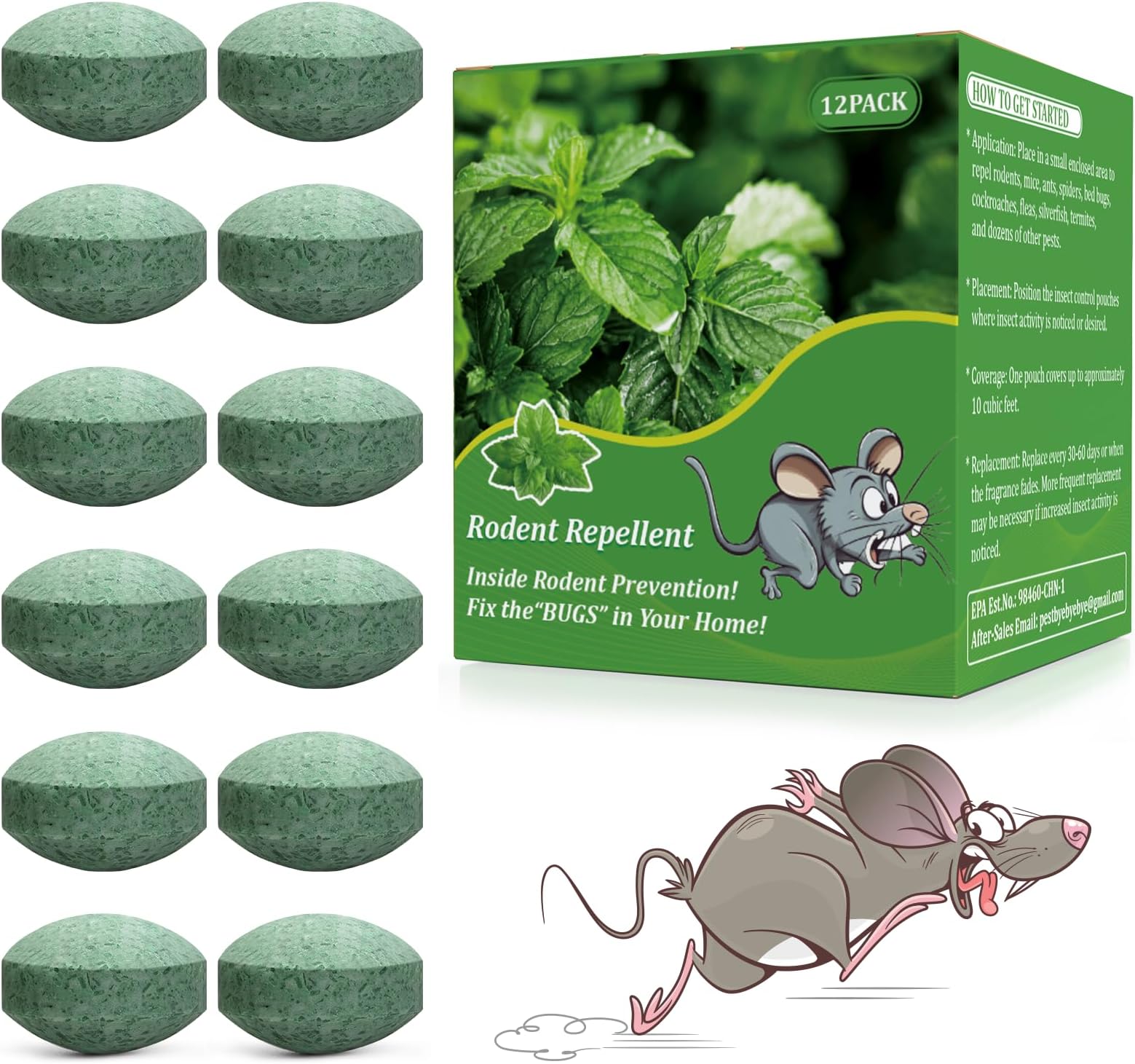 Mouse Rodent Repellent - 12 Pack Peppermint Oil Moth Balls to Repel Rats Deterrent for Car Engines Indoor Outdoor, Safe for Humans & Pets, Rat Control for Roaches, Mole, Ant