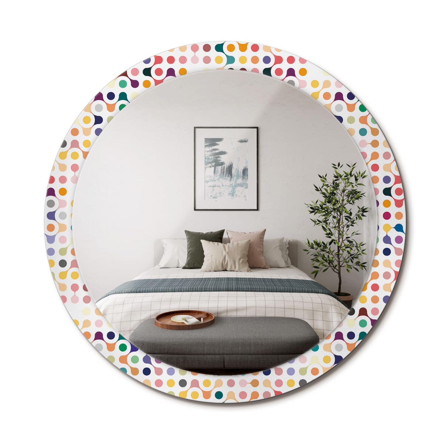 Miroir Rond avec Motif Graphique Cadre Verre Décoration Salon fi90