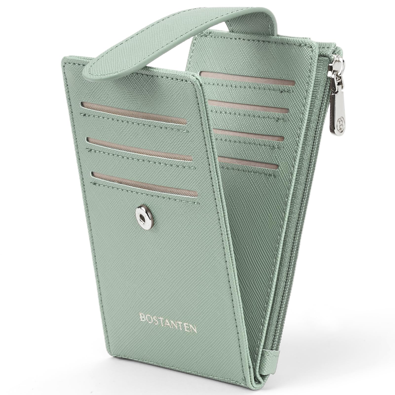 BOSTANTEN Slim Wallet Women RFID Blocking Card Holder Leather Bifold Wallet with Zipper Pocket Green