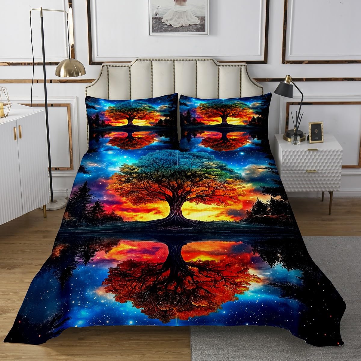 Tree Artwork Life Kids Bedspread Twin Size,Sun Moon Starry Sky Pines Lake Trippy Coverlet Set,Boys Girls Room Decor,Bohemia Natural Exotic Quilted Coverlet,Blue Retro Bedding Quilt,1 Pillowcase