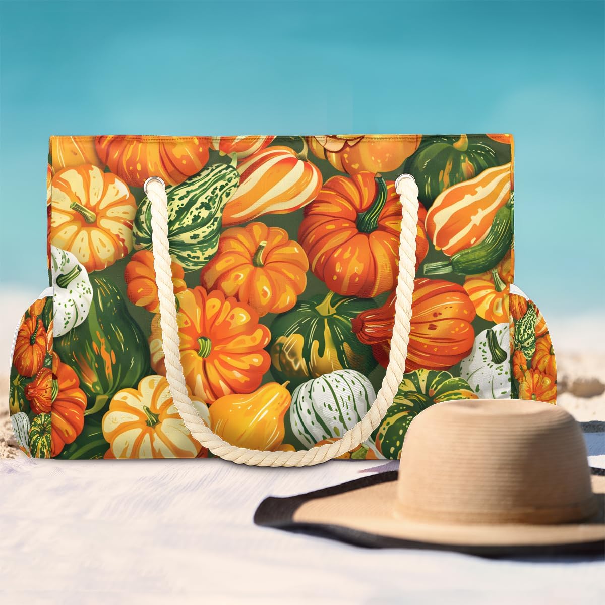 Autumn Colorful Pumpkins Beach Bags Waterproof Sandproof for Women, Large with Zipper Pool Beach Tote Reusable Grocery Shoulder Bag for Swim Travel Shopping Vacation Picnic