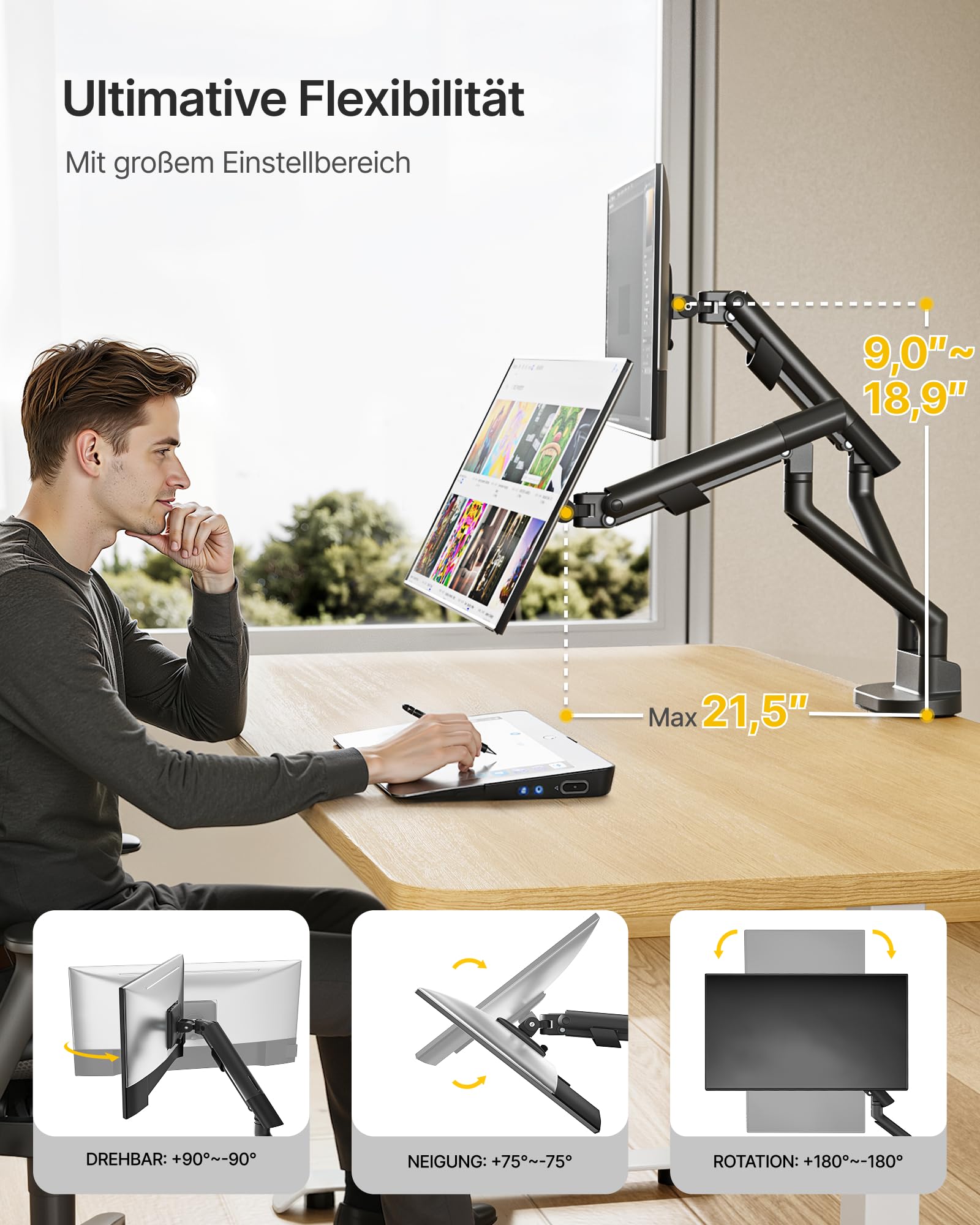 monTEK Brazo Monitor Doble para Escritorio de 17 a 35 Pulgadas | Soporte de Doble Pantalla Resistente, Ajustable con Muelle hasta 11kg, VESA 75/100mm, Instalación con Pinza y Ojal, Negro