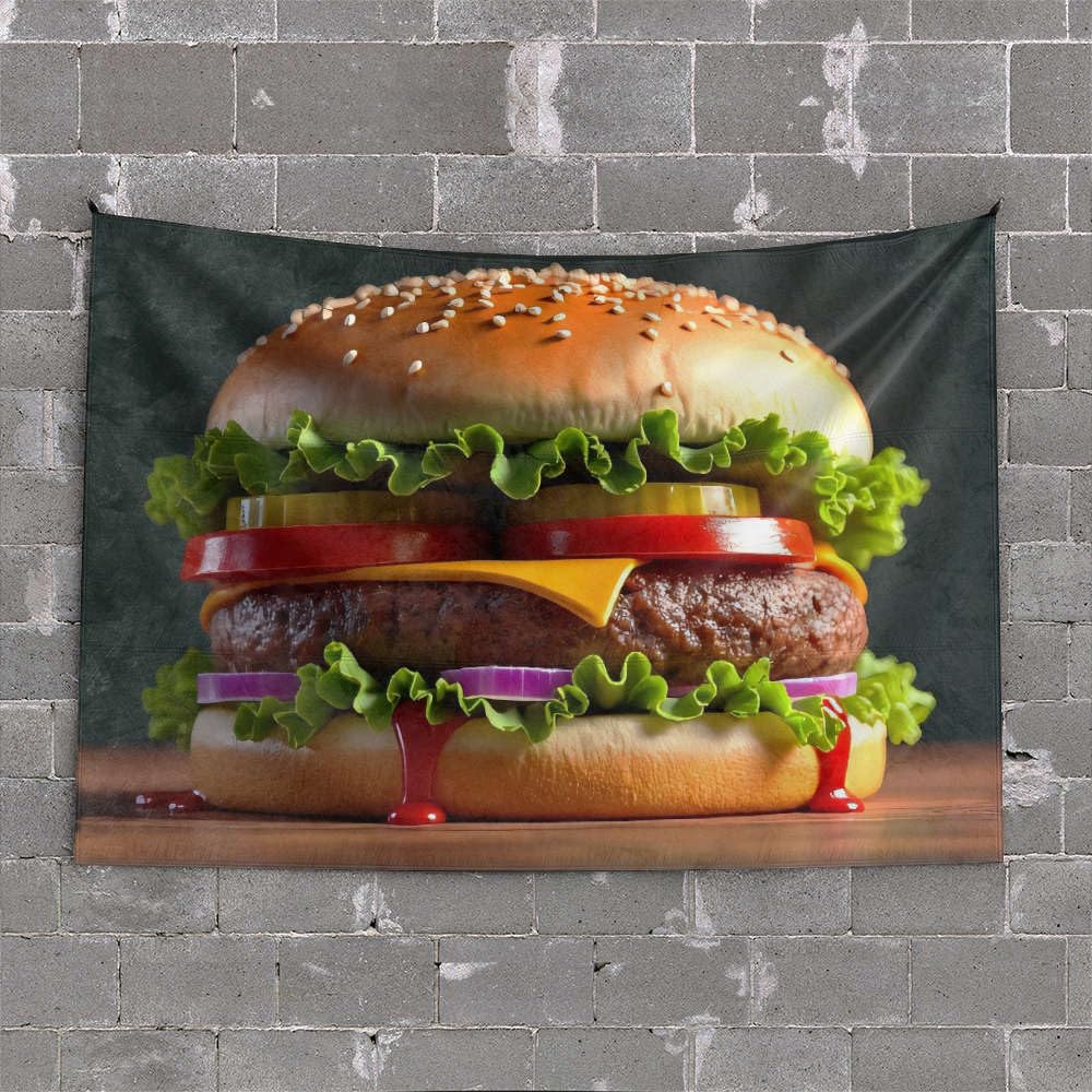 PKRD Home Bar Decor A Juicy Burger With Lettuce, Tomato, Onion, Cheese, And Pickles. Tapestry Boys Room Decor Teenager Bedroom Decor Aesthetic(75X100CM)