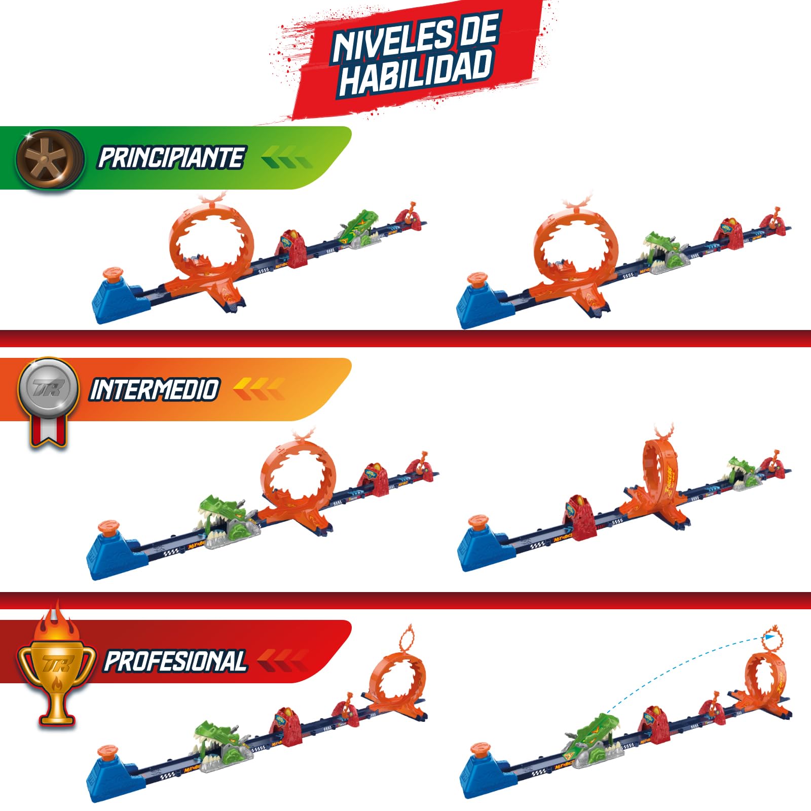 T-Racers Mix ‘N Race Volcanosaurus Pista para Coches de Juguete T-Racers, Contiene 1 Disparador, 3 Pistas, 1 Coche Exclusivo Nitro Rex y 4 Acrobacias