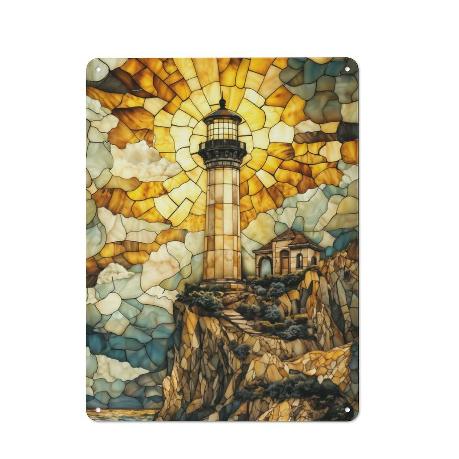 Junmoney Stained Glass Lighthouse For Garden Room Or Summerhouse, Vintage Tin Sign 40X30cm, A Metal Wall Feature For Garden Rooms And Summerhouses
