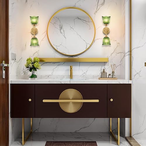 Miniatura 8 de Aplique de pared dorado de 2 luces con pantallas de vidrio verde, moderno de mediados de siglo, lámpara de pared de latón cepillado industrial para