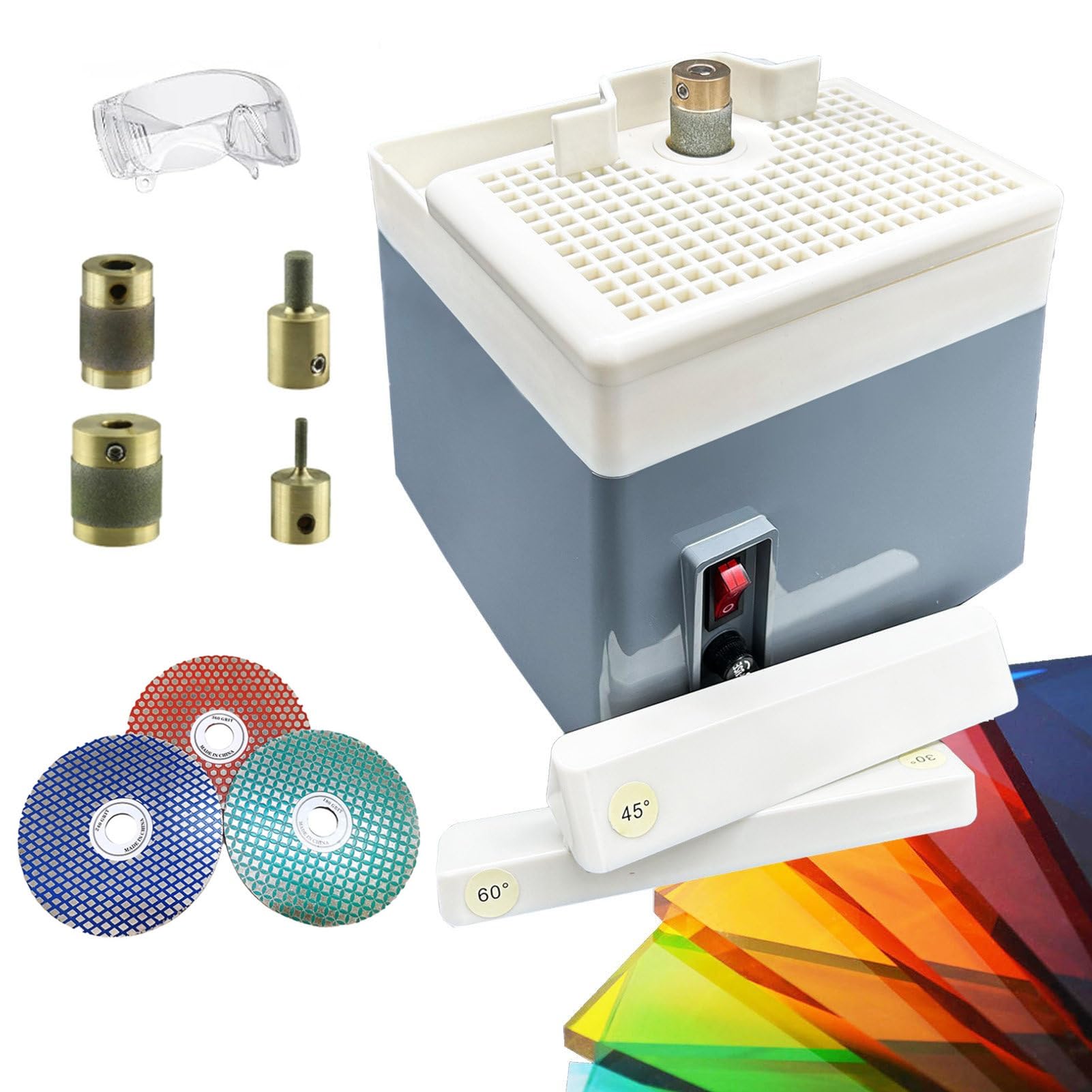 Przenośna szlifierka do szkła DIY, 220V elektryczna witrażowa diamentowa automatyczna szlifierka artystyczna, 4 końcówki szlifierskie + 3 tarcze szlifierskie + gogle