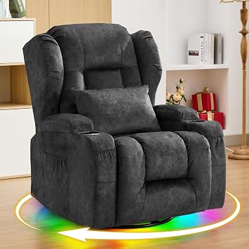 IPKIG Dual Motor Power Swivel Glider Rocking Recliner Chair | Vibration & Heat, 3-Side LED Lights, USB/Type-C Ports, Cozy Wingback Home Theater Recliners for Nursing, Living Room, Bedroom