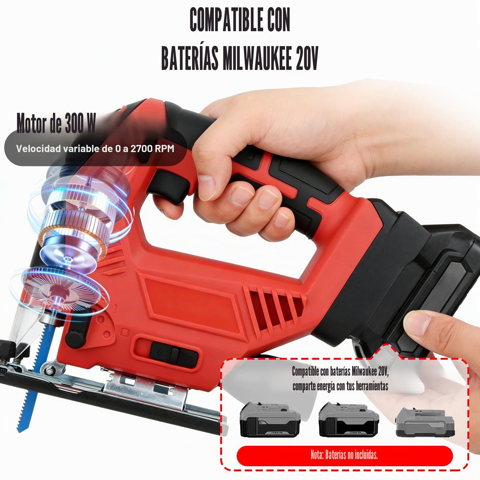 300W Sierra de Calar Eléctrica, Sierra Caladora Inalámbrica, Velocidad Variable de 0-2700 RPM y Bisel de 0-45°, Ajuste de 4 Velocidades, Compatible con Milwaukee 20V Baterías (Batería No Incluida)