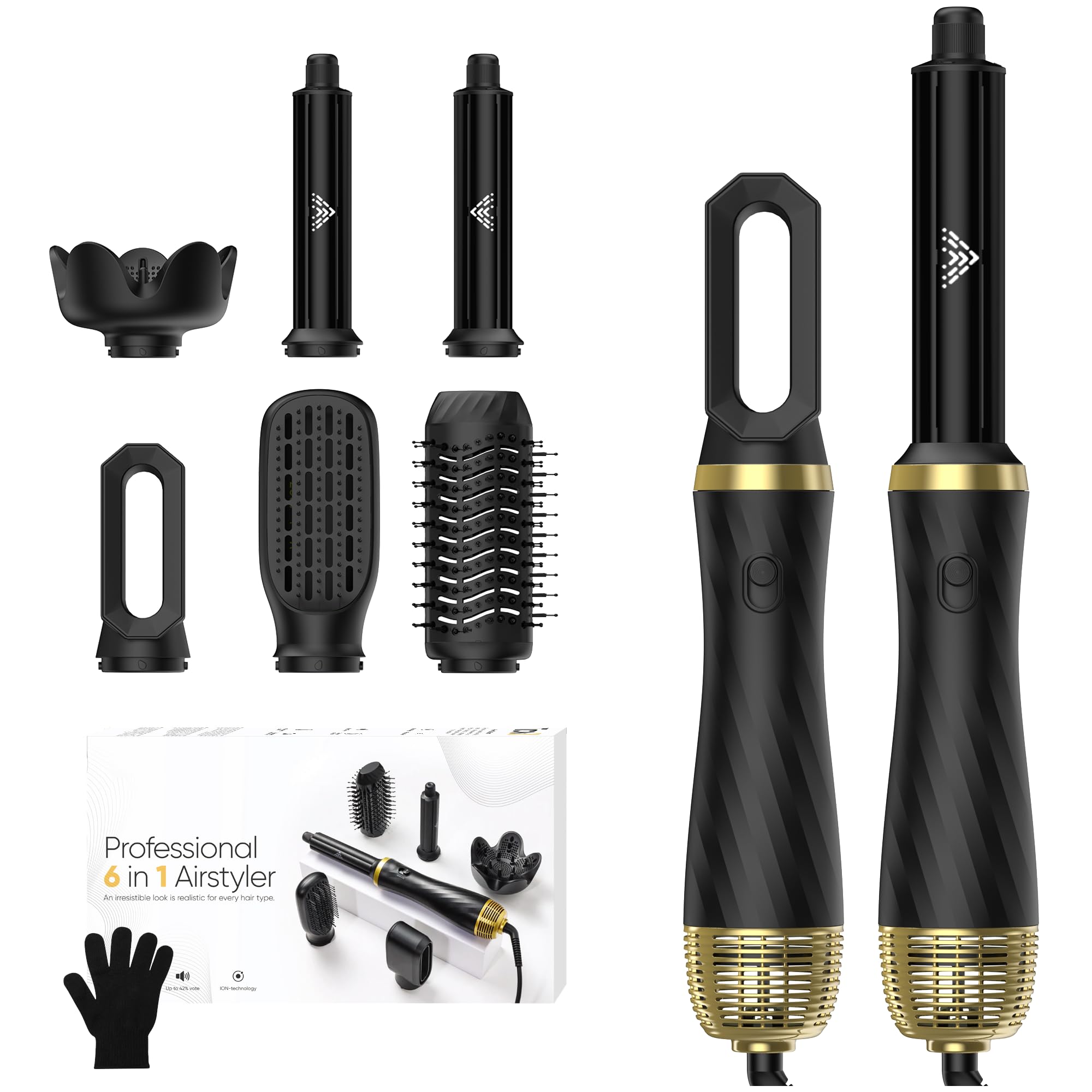 Secador de Pelo Profesional - 6 en 1 Cepillo de Aire Caliente con Rizador Automático, Thermal Brush, Secado Rápido, Moldeador Pelo Voluminizador para Rizador Alisar Volumen (Negro)