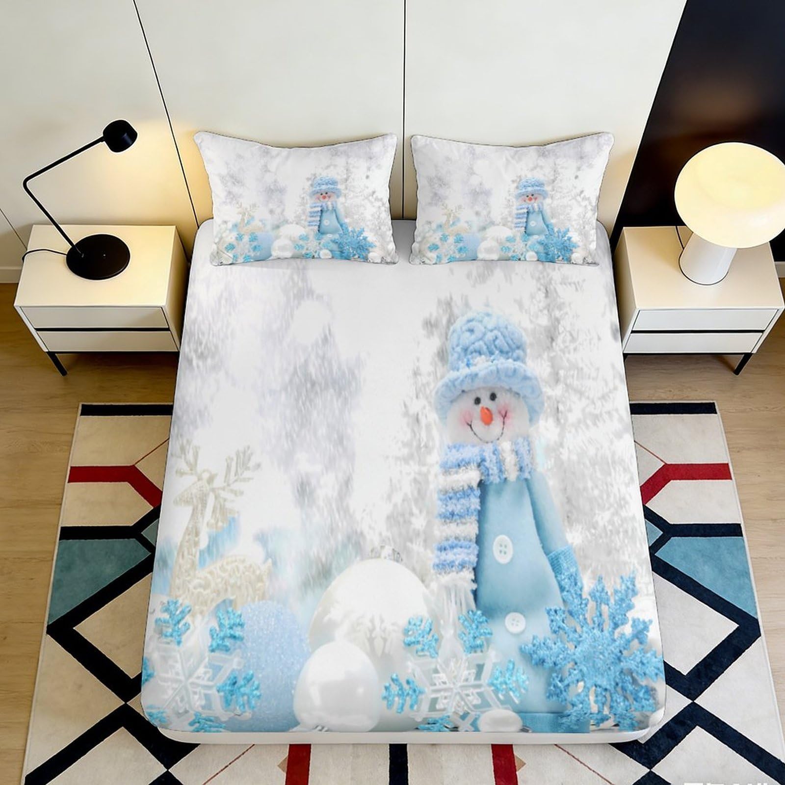 3D Printed Snowman Winter Fitted Sheet Microfiber Soft Breathable Snowflake Bed Cover for Bedroom Guest Room Decor 90x200x25cm