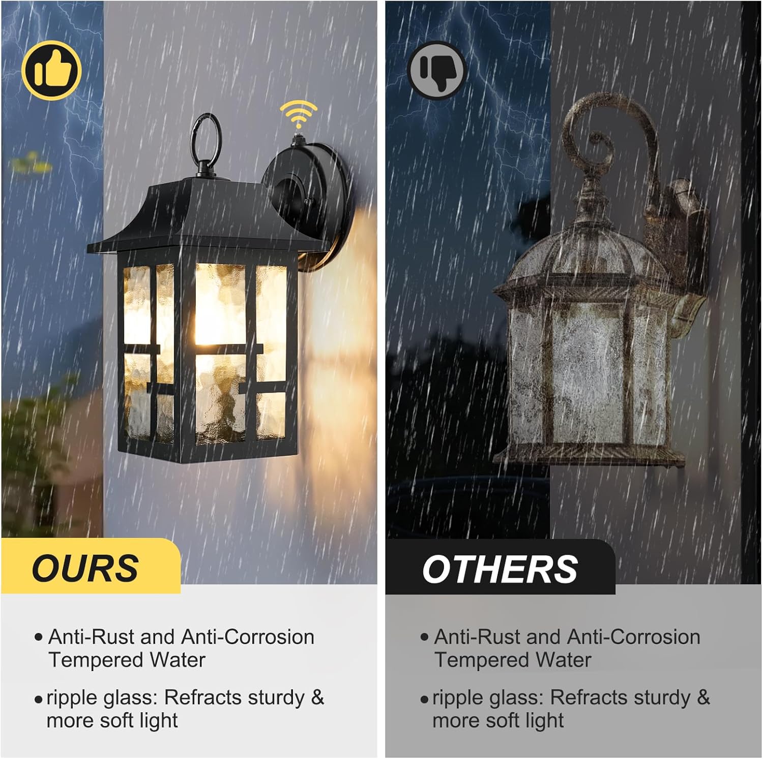 OKELI Dusk to Dawn Outdoor Wall Lights, Exterior Waterproof Lantern, Front Porch Sconce Lighting with Water Ripple Glass Shade, Anti-Rust Wall Lamps Outside Lights for Garage (Black-SIZE-M-2pack)