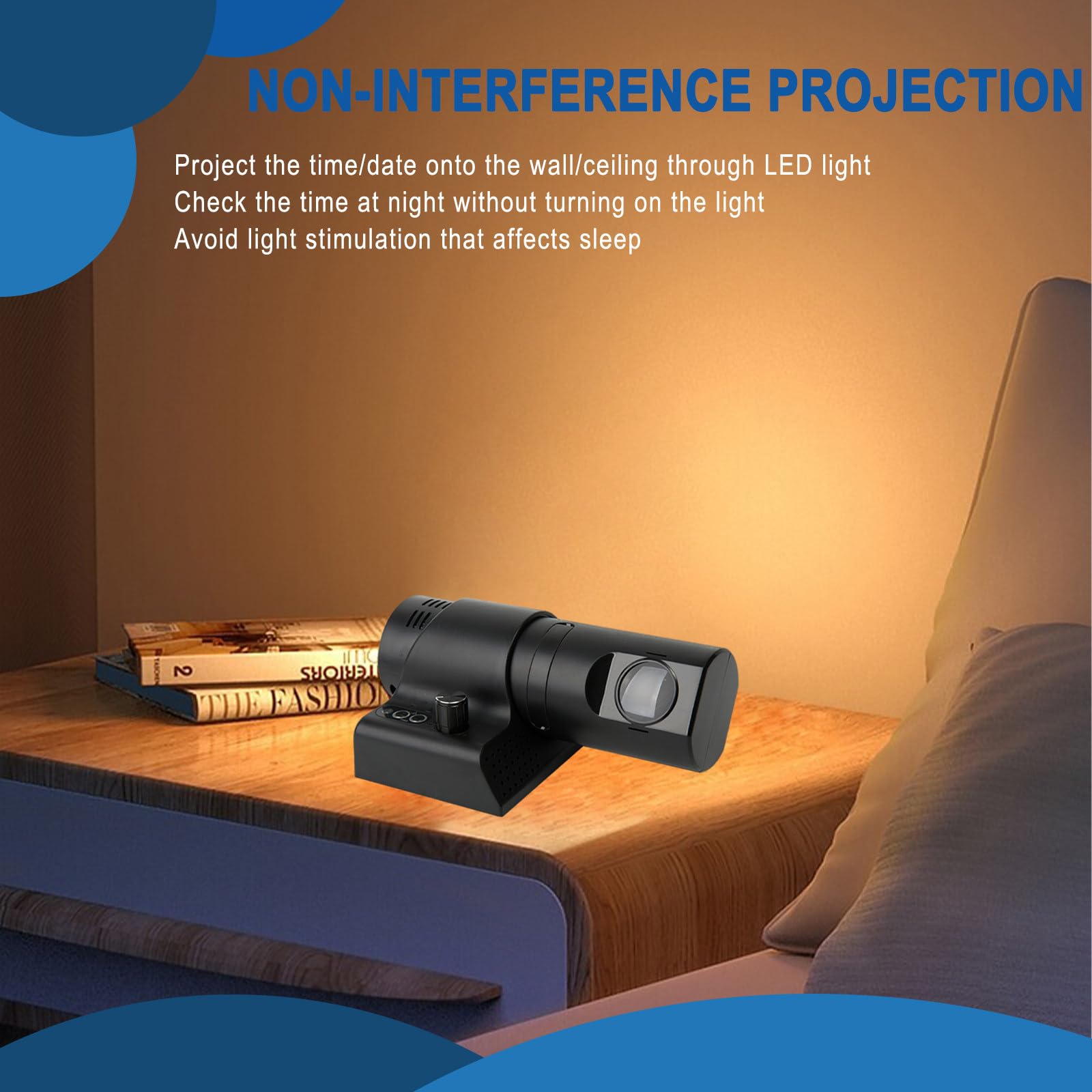 Reloj de Proyección Mural y Techo 180°, Despertador con Radio y Alarma Dual, Luz LED Ajustable y Control Remoto para Hogar,Black
