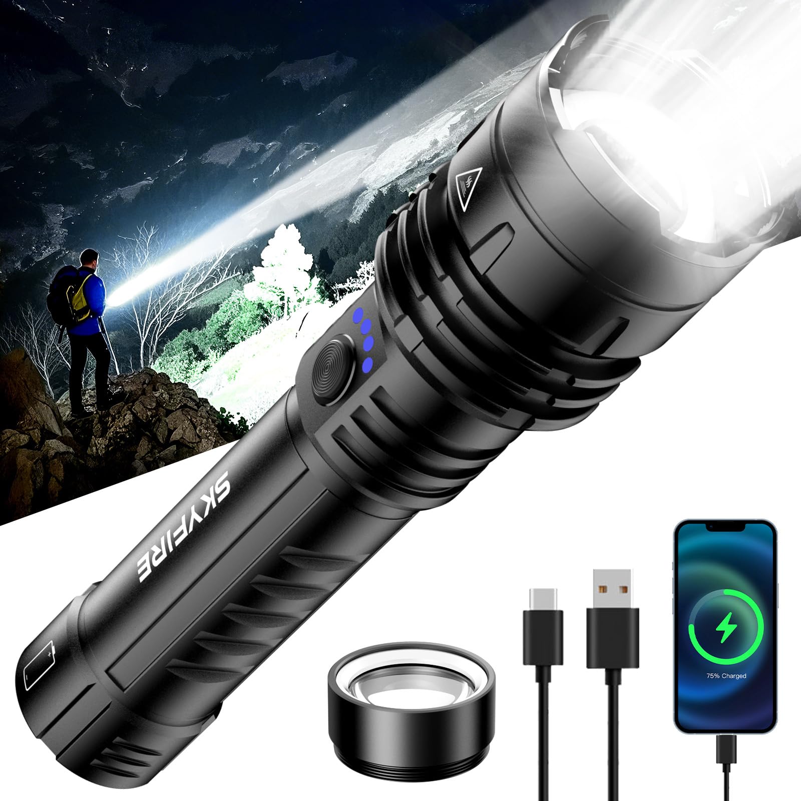 SKYFIRE Torcia ricaricabile ad alta luminosità, super luminosa, regolabile, con lente di accensione, 5 modalità, impermeabile, torcia tattica portatile per emergenze, campeggio, escursionismo