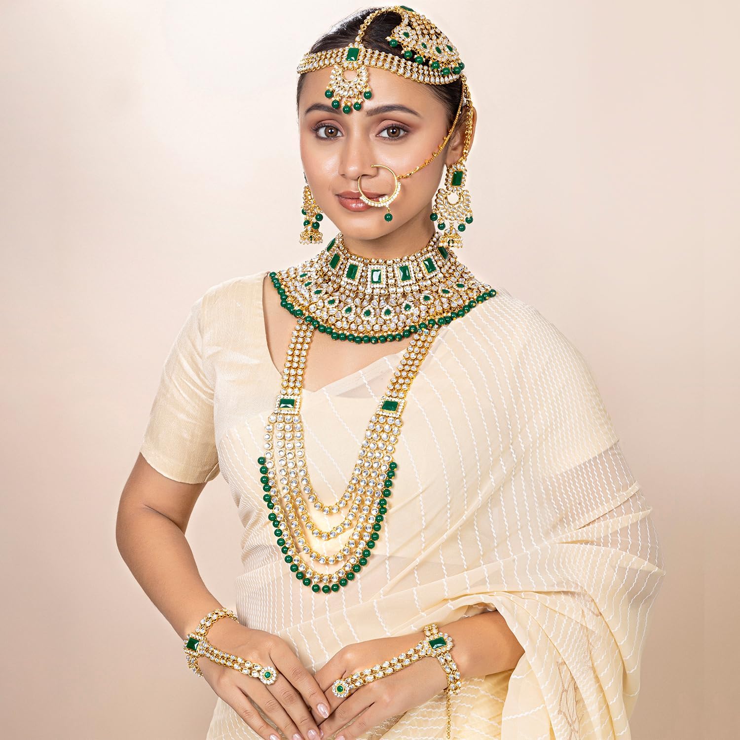 Aheli Traditional Wedding Indian Bharatanatyam jewellery set Long Choker Necklace Earrings Maang Tikka Nath Paasa Hath Phool Gift for Women - Image 3