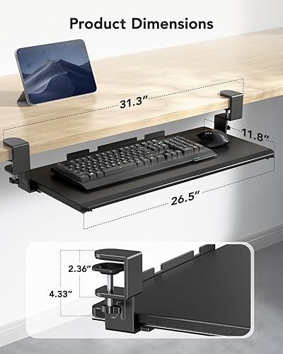 Miniatura 4 de HUANUO Bandeja para teclado debajo del escritorio, soporte para teclado con hardware de abrazadera en C, 26.5  W x 11.8  D Deslizable para teclado