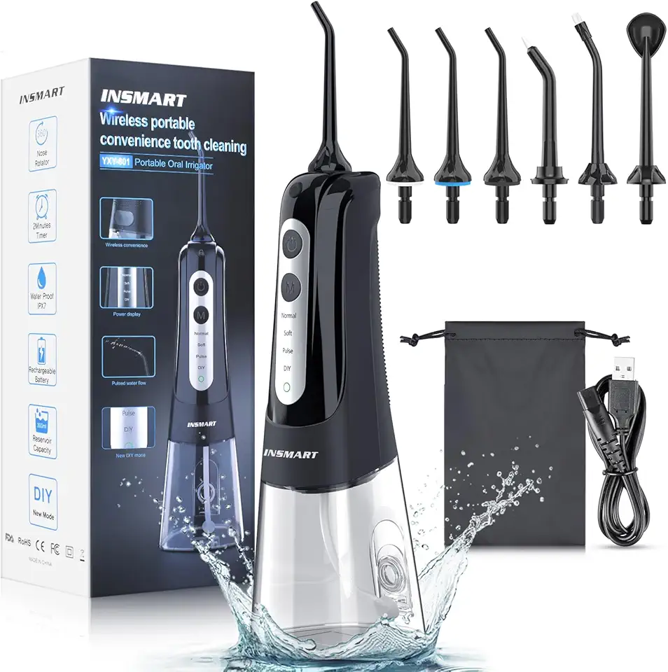 Irrigador dental sem fio para água dental, tanque de 300 ml INSMART profissional DIY modo USB recarregável Irrigador bucal para casa e viagem, IPX7 à prova d'água 4 modos de irrigação para higiene bu