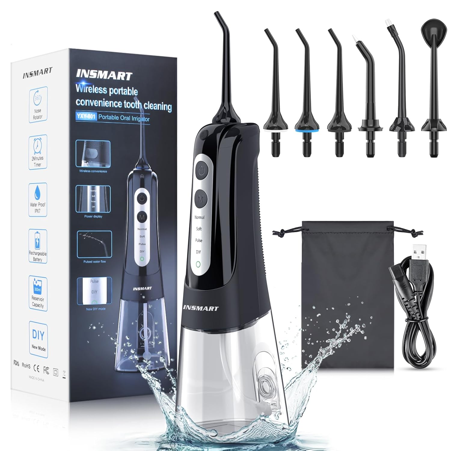 Cordless Water Dental Flosser Teeth Cleaner INSMART Professional 300ML Tank DIY Mode USB Rechargeable Dental Oral Irrigator for