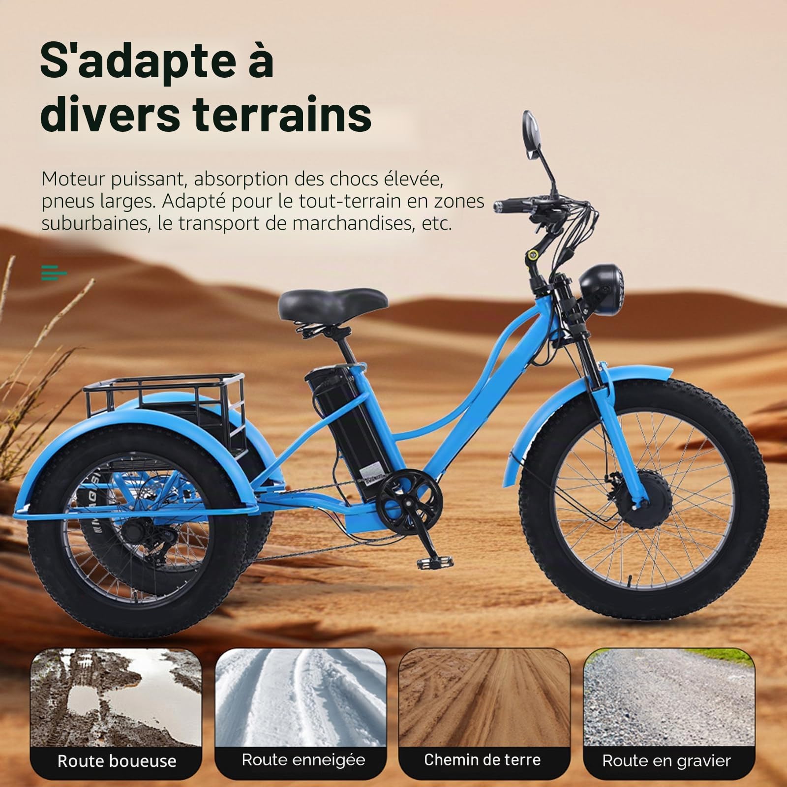 Tricycle électrique 7 Vitesses Pour Adultes, Pneus Larges 24'' X 4.0, Batterie 48 V 18 Ah, Grand Panier De Rangement, écran Lcd, Idéal Pour Les Trajets Quotidiens,Le Shopping Et Les Loisirs Black