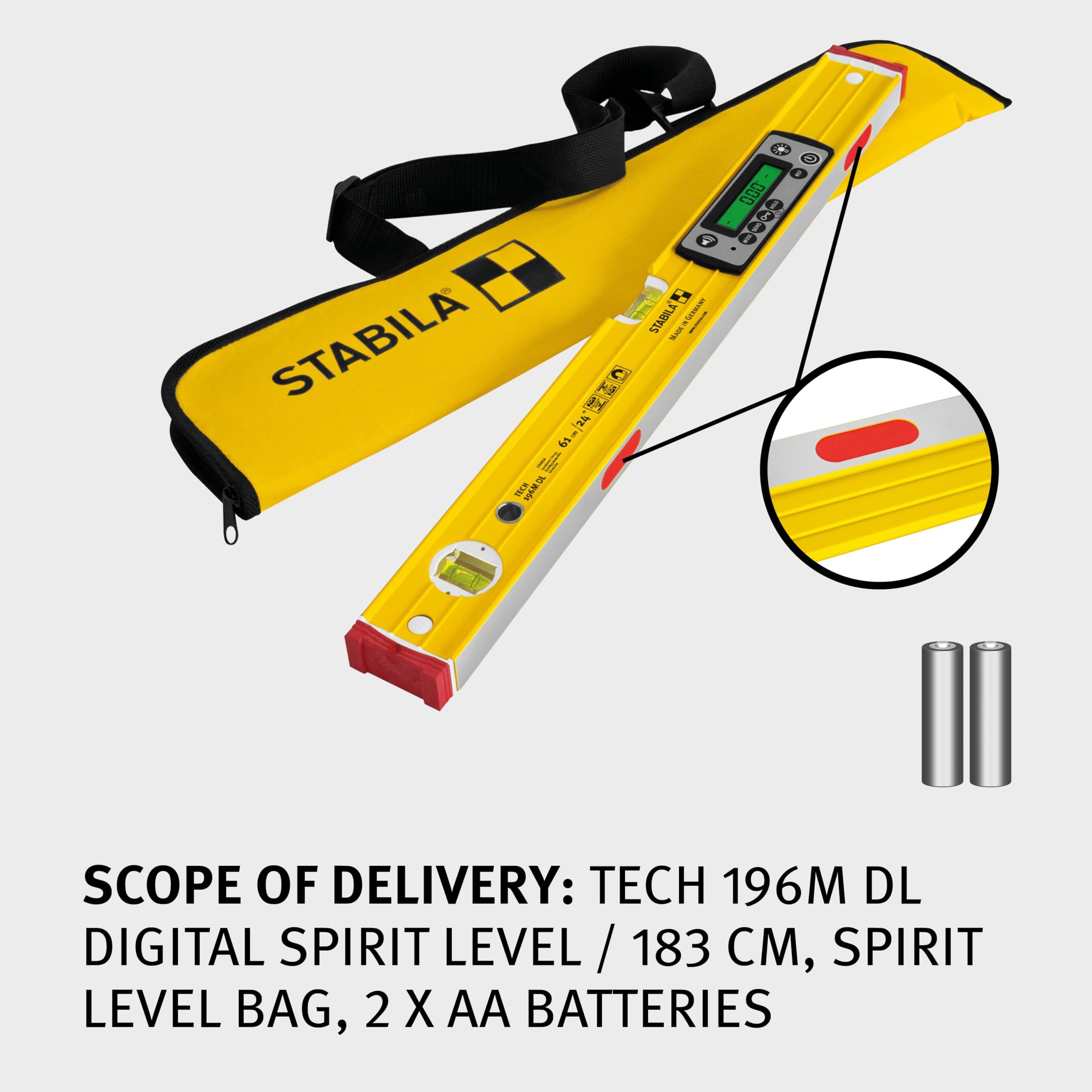 STABILA Livella elettronica TECH 196M DL – livella digitale impermeabile e antipolvere secondo IP 67, 2 display digitali, senza calibrazione con custodia, 61 cm