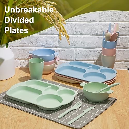 Miniatura 7 de Honoson Juego de 24 cubiertos de paja de trigo, incluye platos divididos, aptos para microondas, lavavajillas, vajilla irrompible, pajita,