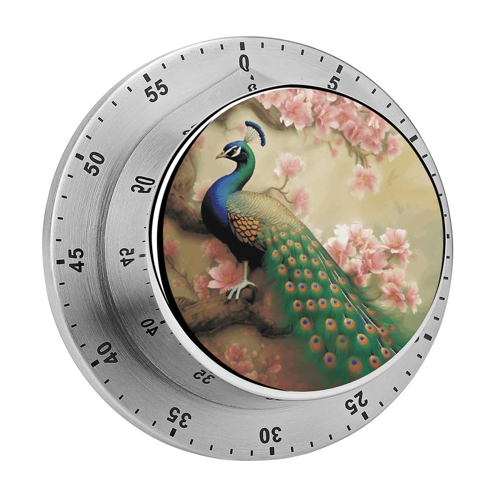 Oriental Peacock on Flower Tree Timers Adsorbable Stainless Steel Kitchen Timer Loud 60 Minute Visual Timer Portable Manual Countdown Timers Alarm Clock Time Management Tool for Home Work