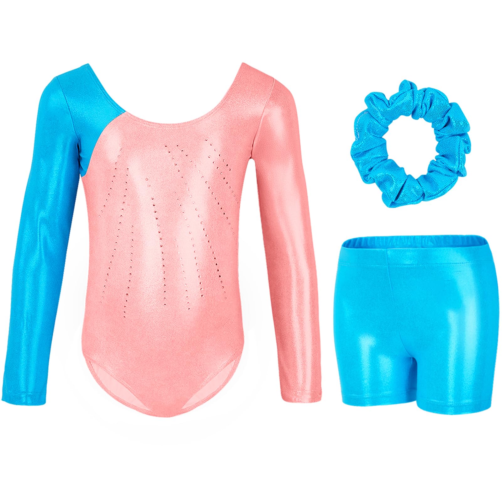 Gogokids Maillot de gimnasia de tres piezas para niña, de manga larga, con pantalones cortos y cinta para el pelo, ropa de gimnasia con diseño degradado para 3-12 años — view 14