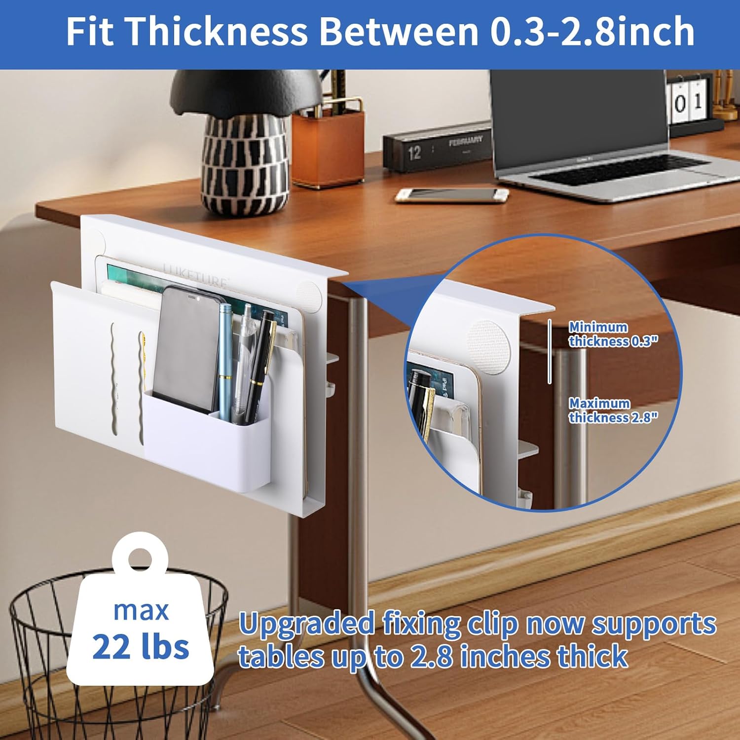 LUKETURE Laptop Holder, Steel Desk Side Storage, No Drill Standing Desk Accessories, Clamp on Laptop Mount with Pen Holder, Fits Flat Edge Tables 0.3" to 2.8" (White, M(1 Tier)) White M(1 Tier) image 3 of 8 B0FH6NHRFY