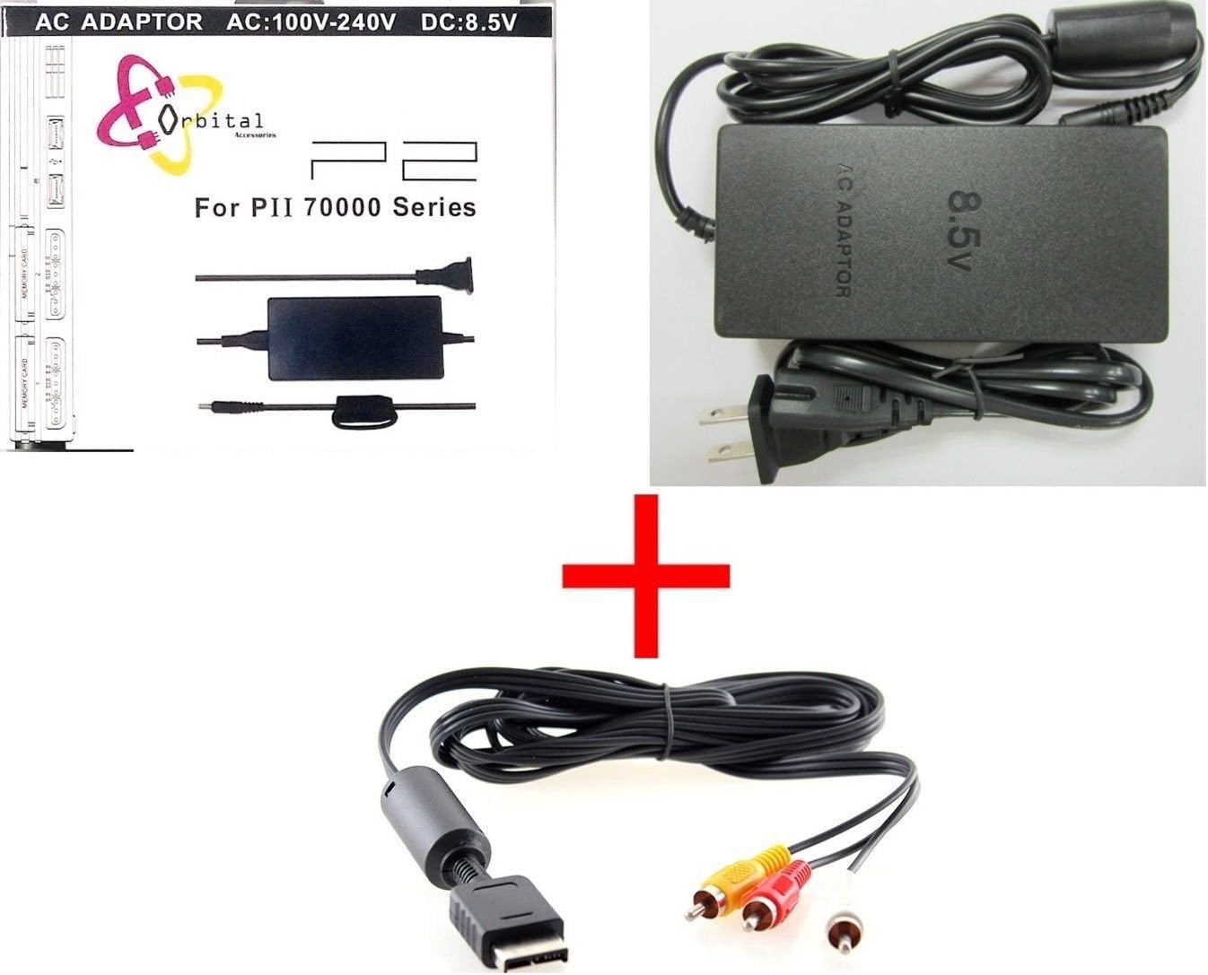 AC Power Adapter and AV Cable for PS2, Compatible with PlayStation 2, PS2 Slim, A/C 70000 Console Replacement Set