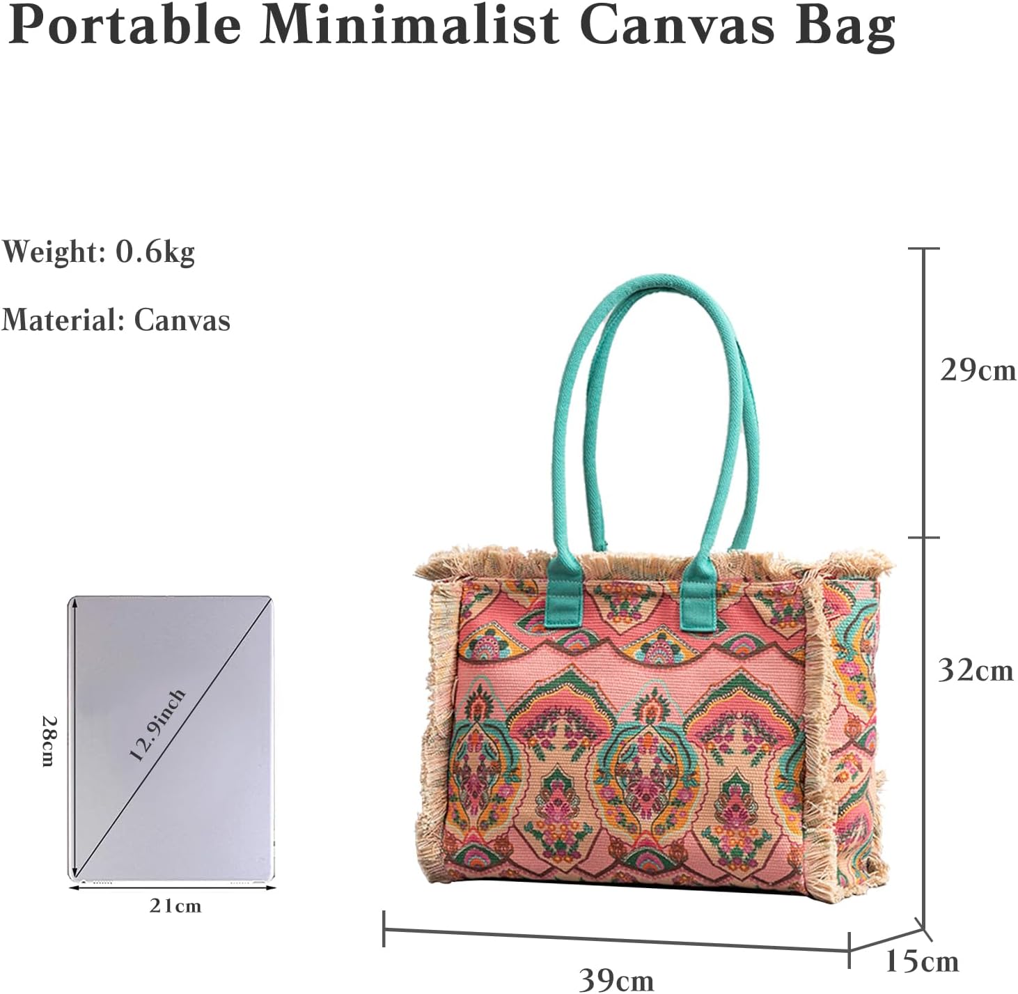 Women Canvas Handbag Ethnic Style Tote Bag Retro Shoulder Bag with Tassels Summer Beach Bag Bohemian Top Handle Bag - Image 3