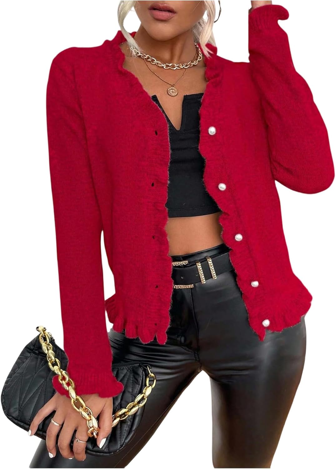 Verdusa Women's Ruffle Trim V Neck Button Down Long Sleeve Knit Cardigan Sweater