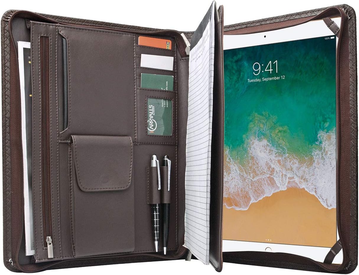 Zipper Portfolio with Notepad Holder, Grid-Textured Padfolio Business Organizer Document Folio Case with Tablet Holder Compatible for 12.9 inch iPad Pro (3rd gen. 2018)