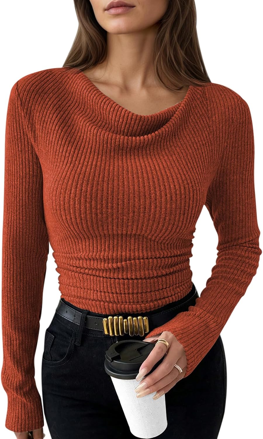 Pink Queen 2026 Spring Cowl Neck Tops for Women Long Sleeve Ruched Slim Fit Ribbed Knit Basic Shirts