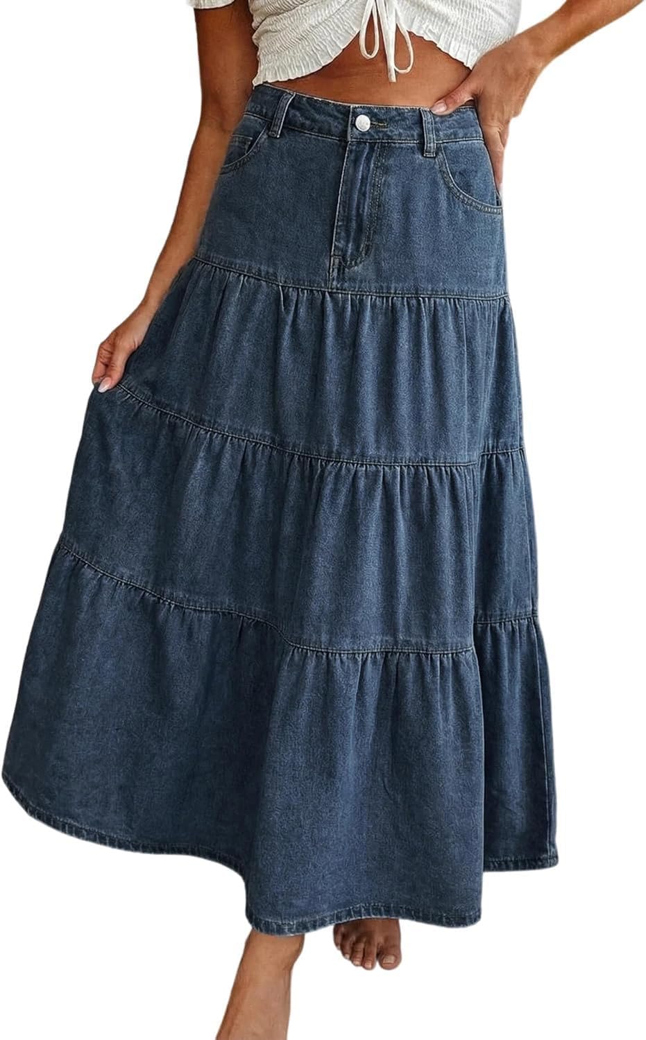 ebossy Women's Vintage Denim Skirt High Waist Tiered Ruffles Flowy A Line Loose Jean Skirts with Pockets
