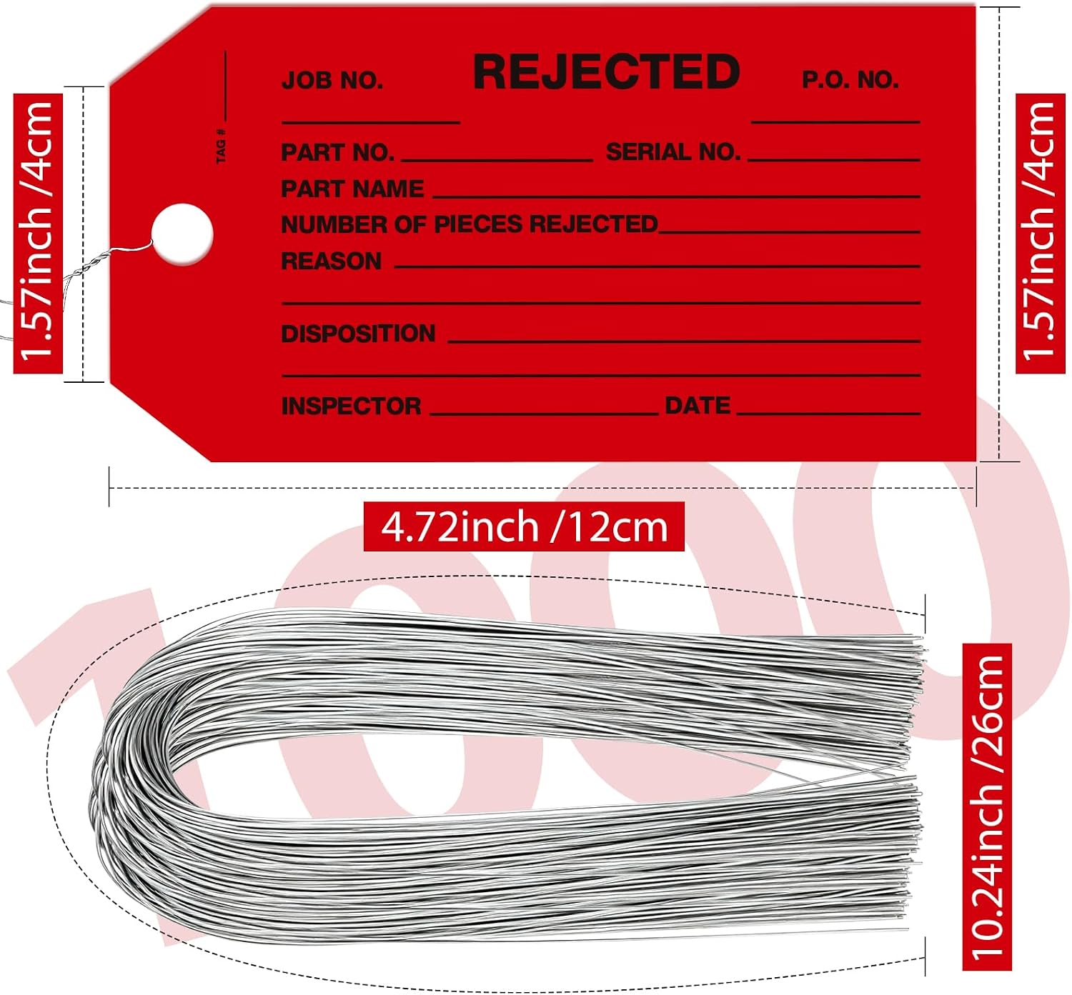 1000 Pack Rejected Tags with Wire - Red Defective Product Inspection Tags, Cardstock 4-3/4" x 2-3/8" for Manufacturing Quality Checks