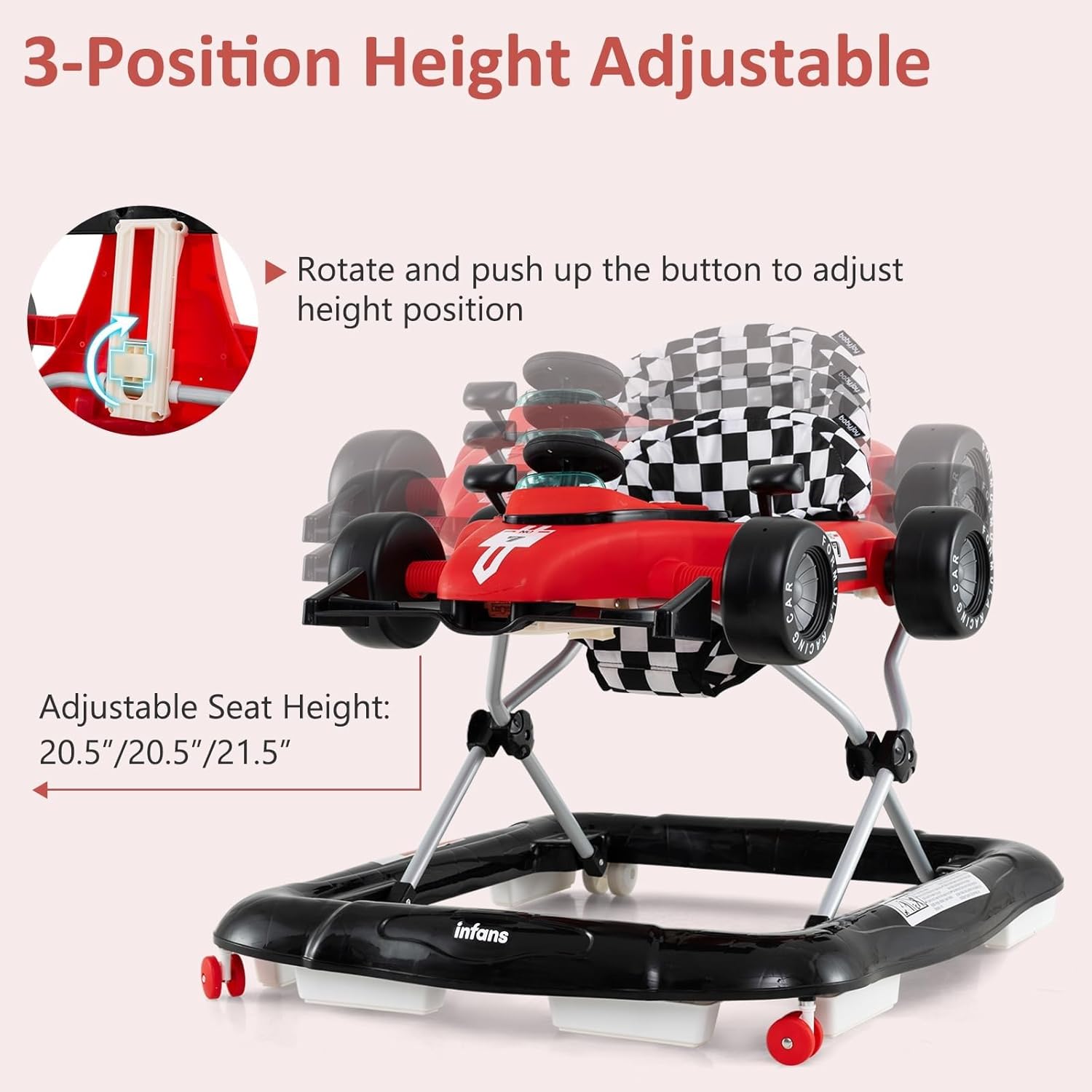 Image showing the 3-position height adjustment mechanism on the baby walker.