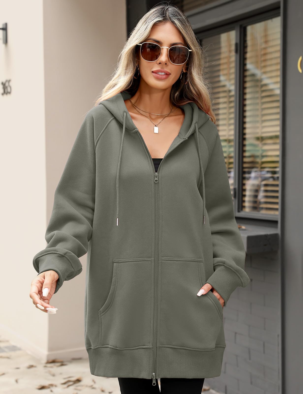 Vancavoo Sweats à Capuche Femme Zippé Polaire Veste Long Sweatshirt Automne | Doublure Polaire Légère, Coupe Ample, Manches Raglan, Zip Double Curseur, Bords Côtelés et Poches