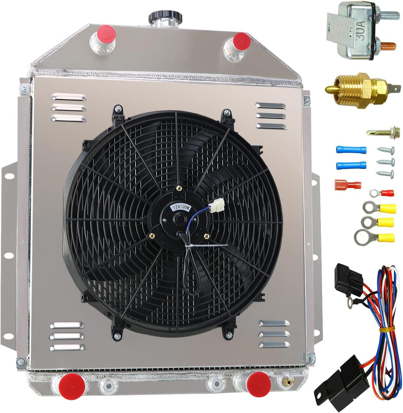 Aluminum Radiator for 1942-1952 Ford F1 F2 F3 Pickup V8, 3 Row Core Radiator + Shroud Electric Fan + Thermostat Relay Kit