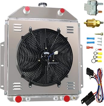 Aluminum Radiator for 1942-1952 Ford F1 F2 F3 Pickup V8, 3 Row Core Radiator + Shroud Electric Fan + Thermostat Relay Kit