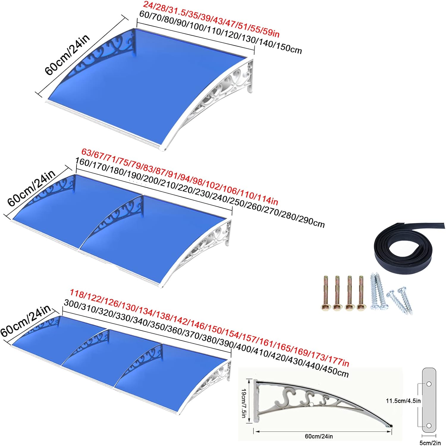 Blue Front Door Canopy,Arched Garden Canopy,Outdoor Porch Awning Uv Water Rain Resist,Window Awning,Roofing Canopies Awning Canopy,Polycarbonate Board Rain Cover (60x100cm/24 x39)