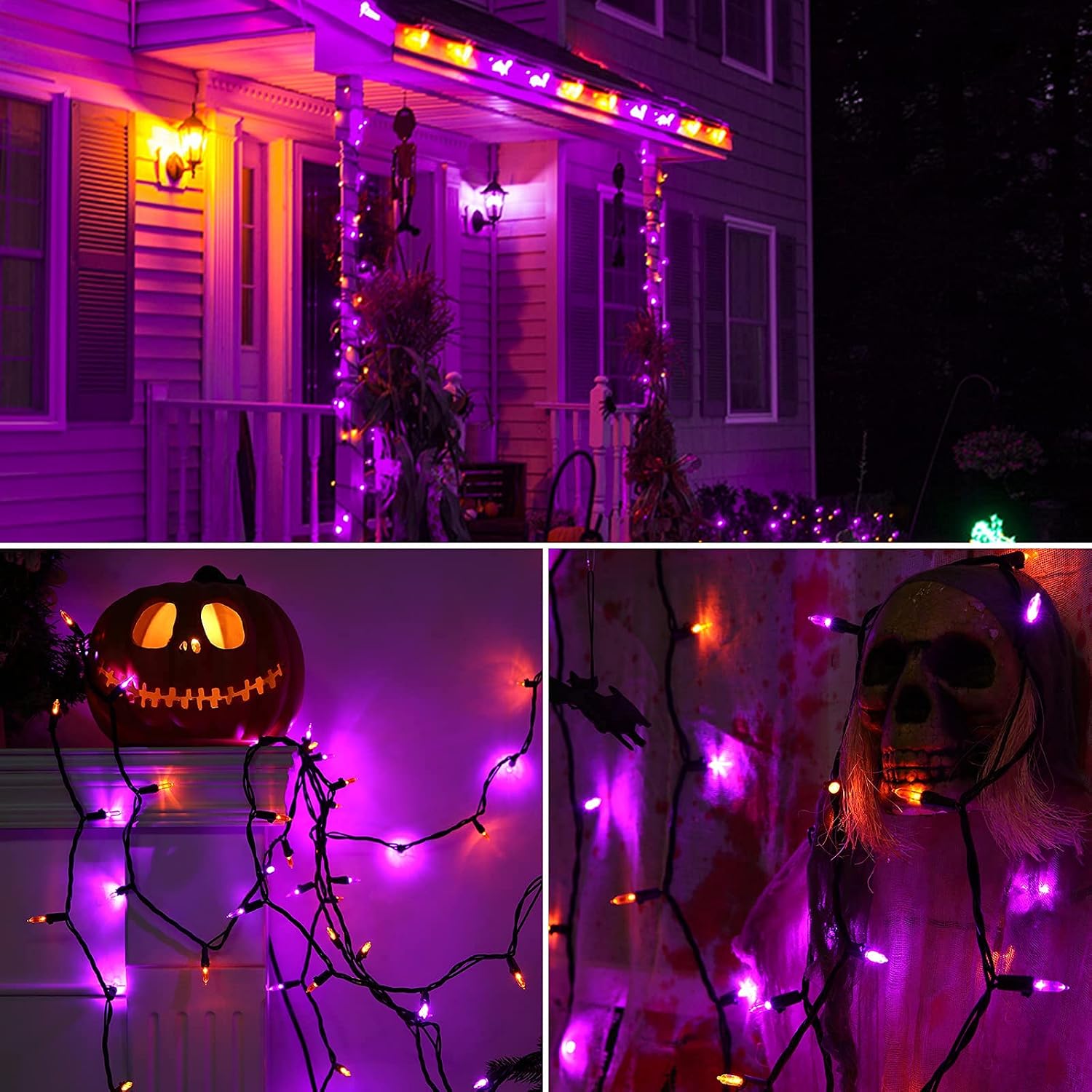 Brizled Purple Orange Halloween Lights Connectable, 33ft 100 LED Tree Light | 120V UL-certified Black Wire Plug-in Mini String Lights; Indoor/Outdoor Waterproof for Halloween Tree Home Scary Decorations
