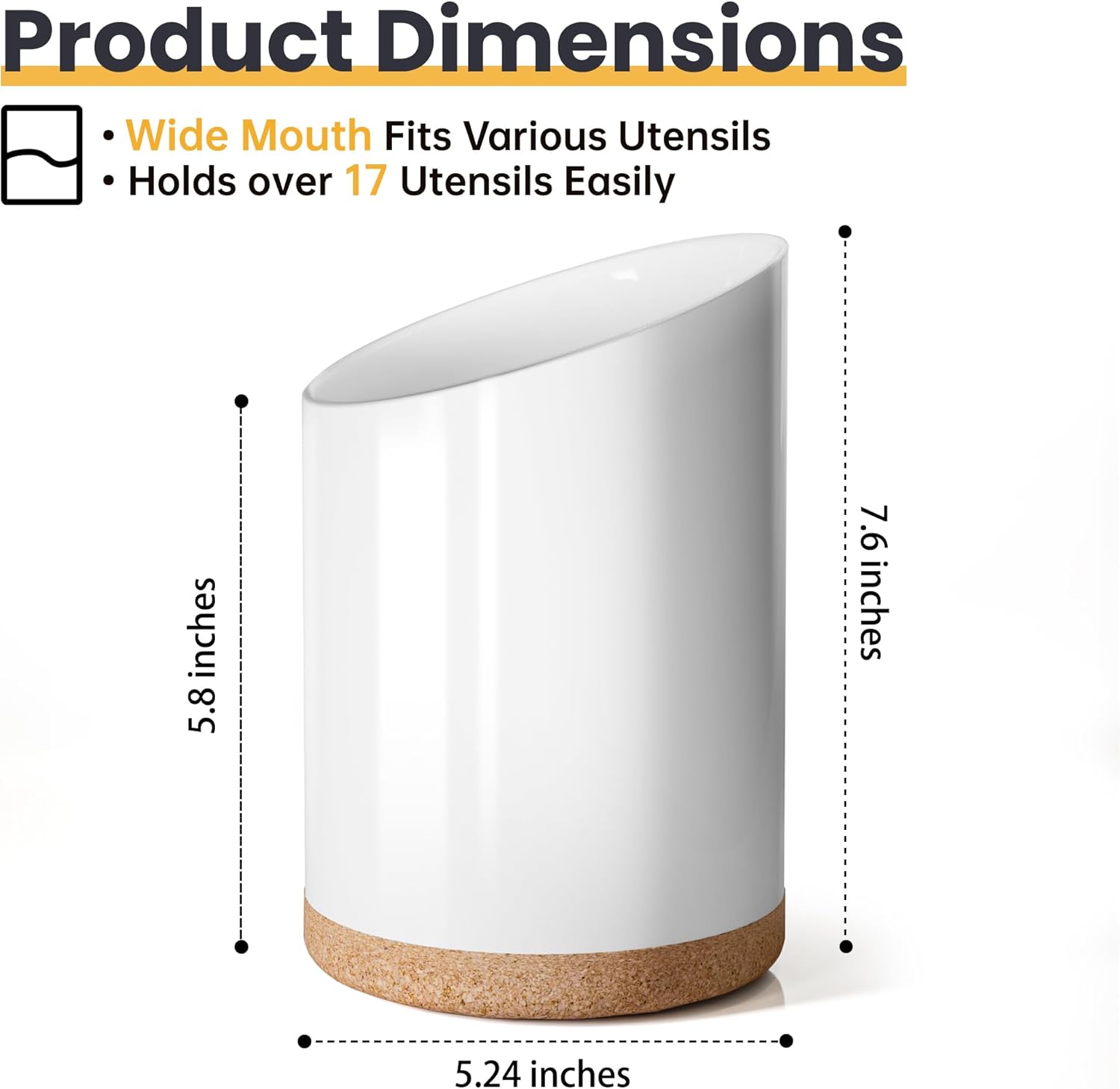 KITEISCAT Large Ceramic Utensil Holder for Kitchen Counter, Modern Crock with Slanted Top & Cork Mat, for Spatulas & Cooking Spoons, White